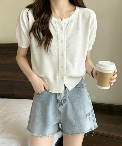Miniministore(ミニミニストア)の「ニットカーディガン きれいめ 無地 大人 夏服(カーディガン/ボレロ・レディース・グリーン/ホワイト/ベージュ/ブラック/ピンク・FREE)」の7枚目の写真