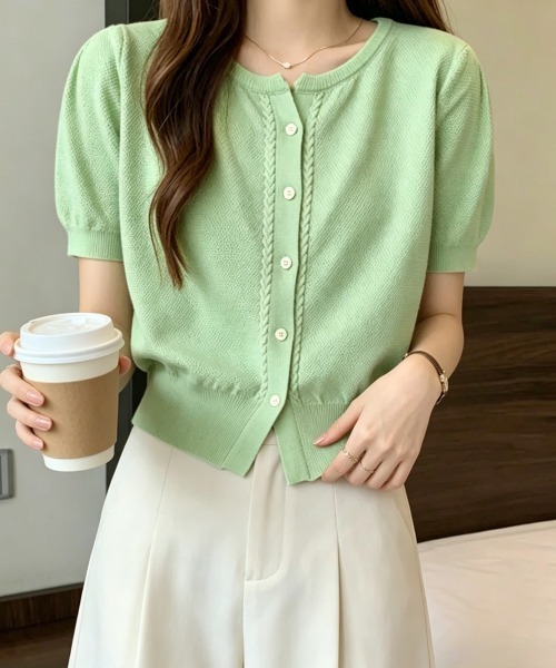 Miniministore(ミニミニストア)の「ニットカーディガン きれいめ 無地 大人 夏服(カーディガン/ボレロ・レディース・グリーン/ホワイト/ベージュ/ブラック/ピンク・FREE)」の16枚目の写真