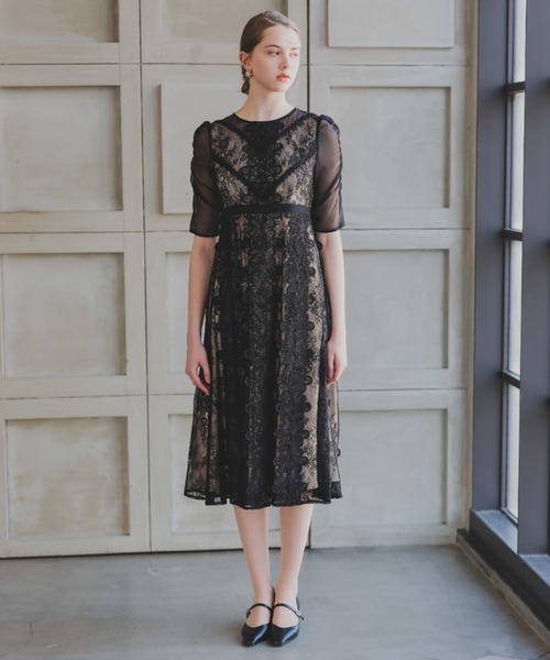 パフスリーブモチーフレースドレス / puff sleeve motif lace