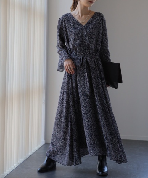 ハグユー 着痩せワンピース 選べる 着痩せ シフォン ワンピース 裏起毛 ワンピース シフォンワンピース レディース ロングワンピース 長袖 半袖 きれいめ 体型カバー 花柄 あったか ロングワンピ ロング 大きいサイズ 小花柄 マタ二ティ Aライン 3L 秋 夏 HUG U