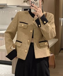 配色ノーカラーツイードジャケット