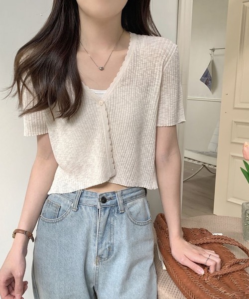 リブクロップド丈 半袖カーディガン（カーディガン/ボレロ  