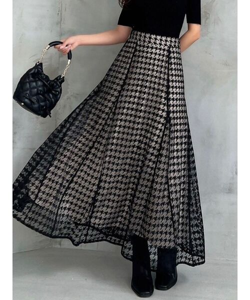 RESEXXY（リゼクシー）の「ハウンドトゥースシアーフレアスカート（スカート・レディース・ブラウン/グリーン/ブラック・FREE）」の2枚目の写真