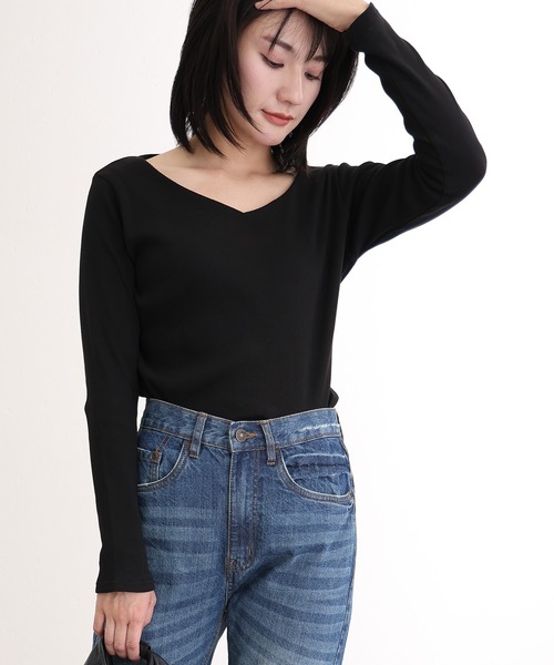 ElegChic(エレグシック)の「2×2リブVネックトップスロンT(Tシャツ/カットソー・レディース・ベージュ/オフホワイト/杢グレー/ブラック/カーキ・M/L/XL/4L/3L)」の6枚目の写真
