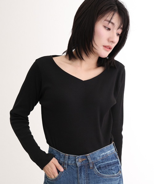 ElegChic(エレグシック)の「2×2リブVネックトップスロンT(Tシャツ/カットソー・レディース・ベージュ/オフホワイト/杢グレー/ブラック/カーキ・M/L/XL/4L/3L)」の8枚目の写真