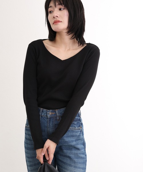 ElegChic(エレグシック)の「2×2リブVネックトップスロンT(Tシャツ/カットソー・レディース・ベージュ/オフホワイト/杢グレー/ブラック/カーキ・M/L/XL/4L/3L)」の9枚目の写真