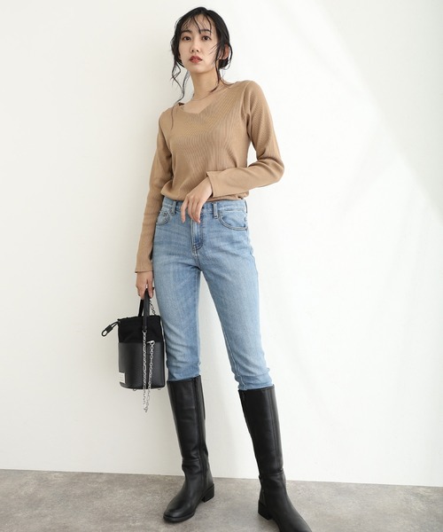 ElegChic(エレグシック)の「2×2リブVネックトップスロンT(Tシャツ/カットソー・レディース・ベージュ/オフホワイト/杢グレー/ブラック/カーキ・M/L/XL/4L/3L)」の10枚目の写真