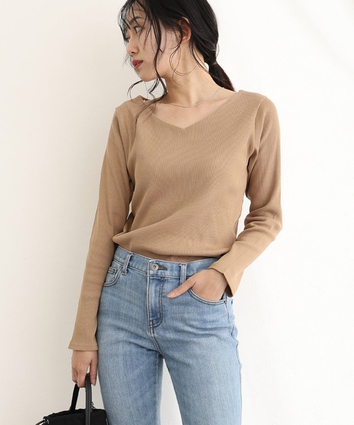 ElegChic(エレグシック)の「2×2リブVネックトップスロンT(Tシャツ/カットソー・レディース・ベージュ/オフホワイト/杢グレー/ブラック/カーキ・M/L/XL/4L/3L)」の13枚目の写真