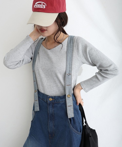 ElegChic(エレグシック)の「2×2リブVネックトップスロンT(Tシャツ/カットソー・レディース・ベージュ/オフホワイト/杢グレー/ブラック/カーキ・M/L/XL/4L/3L)」の22枚目の写真