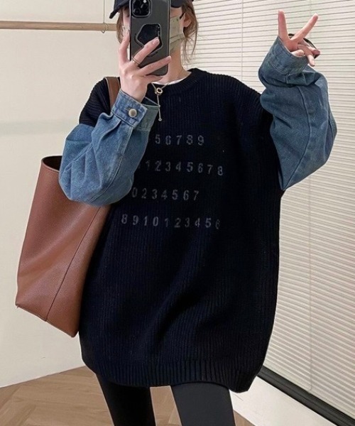 レア✨DIESEL デニム切替デザイン　リブ編みニット　エルボーパッチ　M レア✨DIESEL デニム切替デザイン リブ編みニット エルボーパッチ M