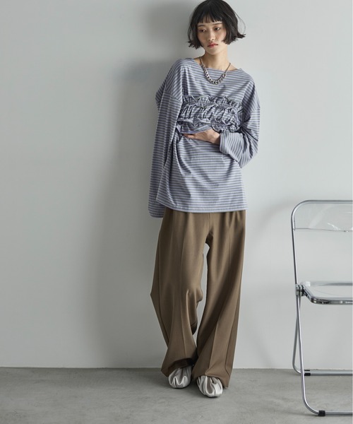 THE YOn（ザヨン）の「フリルビスチェセットルーズフィットロンT【ボーダー/無地】（Tシャツ/カットソー・レディース・ブラック/ブラック×ホワイト/ラベンダー/オートミール・FREE）」の15枚目の写真