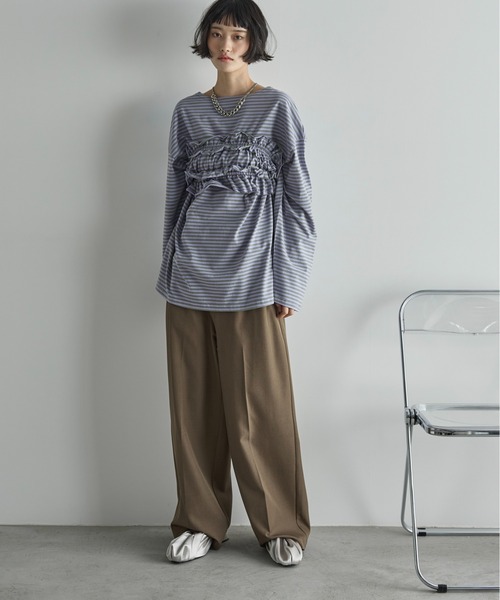 THE YOn（ザヨン）の「フリルビスチェセットルーズフィットロンT【ボーダー/無地】（Tシャツ/カットソー・レディース・ブラック/ブラック×ホワイト/ラベンダー/オートミール・FREE）」の12枚目の写真