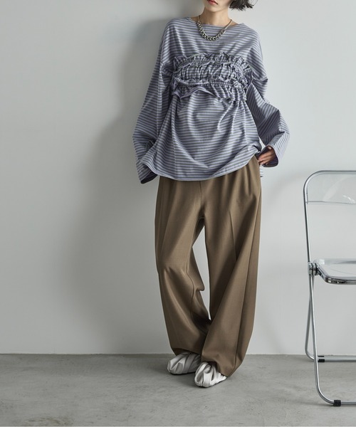 THE YOn（ザヨン）の「フリルビスチェセットルーズフィットロンT【ボーダー/無地】（Tシャツ/カットソー・レディース・ブラック/ブラック×ホワイト/ラベンダー/オートミール・FREE）」の10枚目の写真