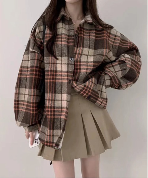 gossip!ロサンゼルス(ゴシップロサンゼルス)の「Y2K チェック切替オーバーサイズシャツ/裏起毛(シャツ/ブラウス・レディース・ワイン/ブラック/ブラウン・FREE)」の13枚目の写真