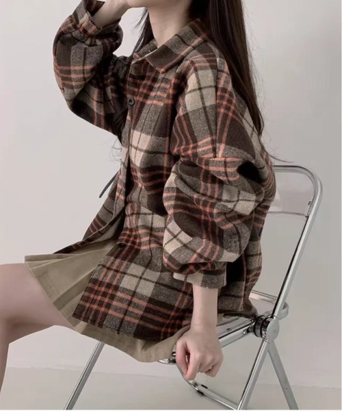 gossip!ロサンゼルス(ゴシップロサンゼルス)の「Y2K チェック切替オーバーサイズシャツ/裏起毛(シャツ/ブラウス・レディース・ワイン/ブラック/ブラウン・FREE)」の14枚目の写真