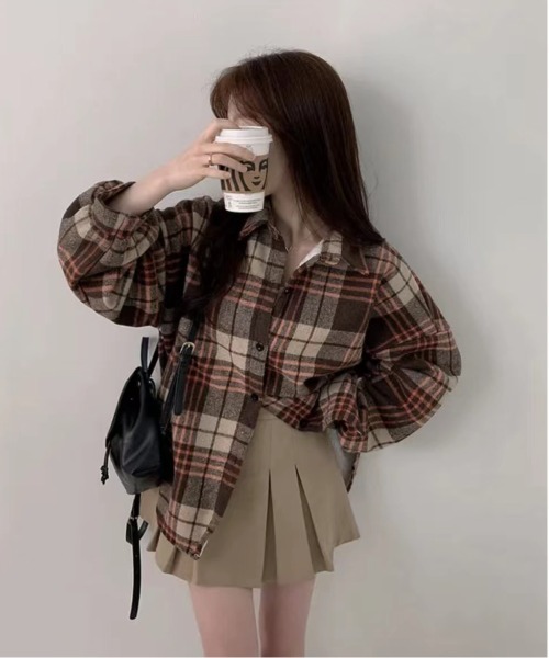 gossip!ロサンゼルス(ゴシップロサンゼルス)の「Y2K チェック切替オーバーサイズシャツ/裏起毛(シャツ/ブラウス・レディース・ワイン/ブラック/ブラウン・FREE)」の16枚目の写真