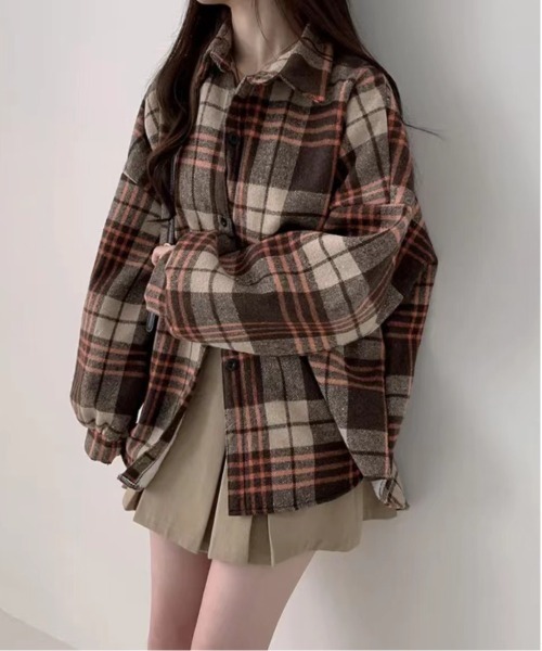 gossip!ロサンゼルス(ゴシップロサンゼルス)の「Y2K チェック切替オーバーサイズシャツ/裏起毛(シャツ/ブラウス・レディース・ワイン/ブラック/ブラウン・FREE)」の17枚目の写真
