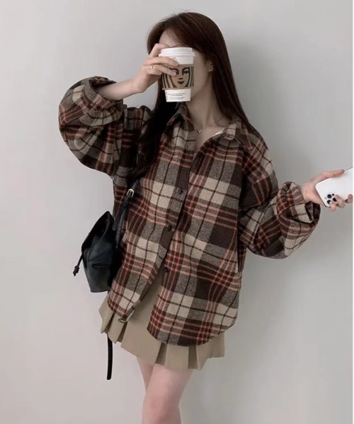 gossip!ロサンゼルス(ゴシップロサンゼルス)の「Y2K チェック切替オーバーサイズシャツ/裏起毛(シャツ/ブラウス・レディース・ワイン/ブラック/ブラウン・FREE)」の19枚目の写真