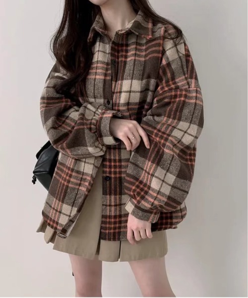 gossip!ロサンゼルス(ゴシップロサンゼルス)の「Y2K チェック切替オーバーサイズシャツ/裏起毛(シャツ/ブラウス・レディース・ワイン/ブラック/ブラウン・FREE)」の20枚目の写真