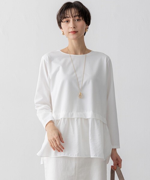 23区 L(ニジュウサンクオオキイサイズ)の「【洗える】シアータフタ コンビ カットソー(Tシャツ/カットソー・レディース・ブラック系/ホワイト系/ベージュ系・48/46/44)」の2枚目の写真