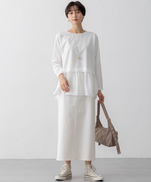 23区 L(ニジュウサンクオオキイサイズ)の「【洗える】シアータフタ コンビ カットソー(Tシャツ/カットソー・レディース・ブラック系/ホワイト系/ベージュ系・48/46/44)」の8枚目の写真
