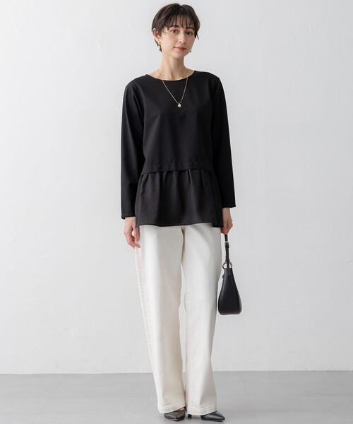 23区 L(ニジュウサンクオオキイサイズ)の「【洗える】シアータフタ コンビ カットソー(Tシャツ/カットソー・レディース・ブラック系/ホワイト系/ベージュ系・48/46/44)」の14枚目の写真