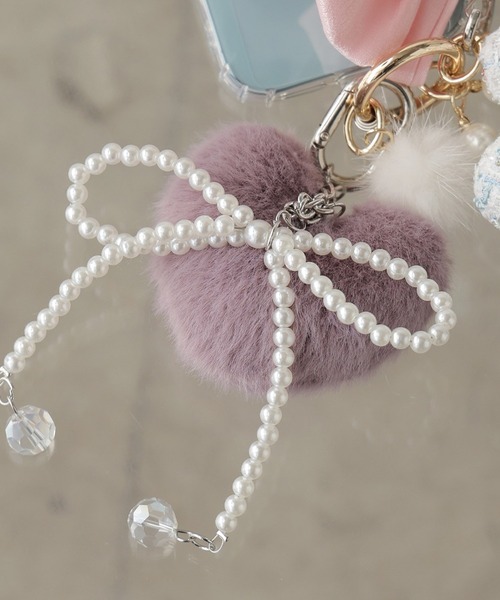 セール】Fluffy heart charm with pearl ribbon/パールリボン付