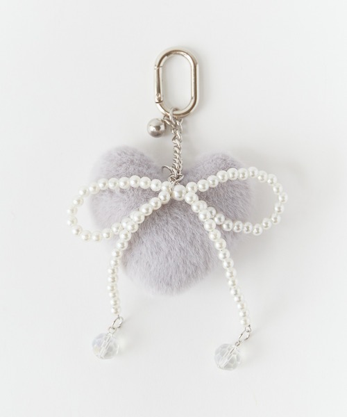 セール】Fluffy heart charm with pearl ribbon/パールリボン付