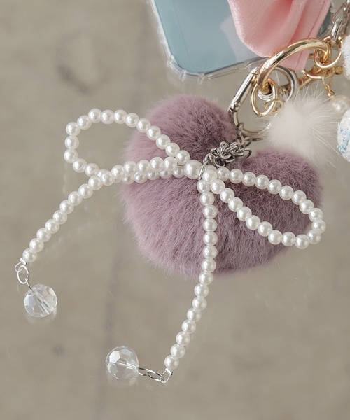 セール】Fluffy heart charm with pearl ribbon/パールリボン付