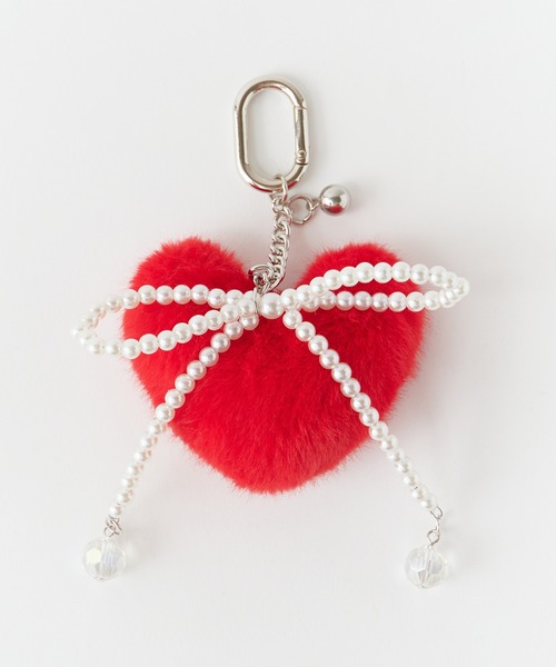 セール】Fluffy heart charm with pearl ribbon/パールリボン付