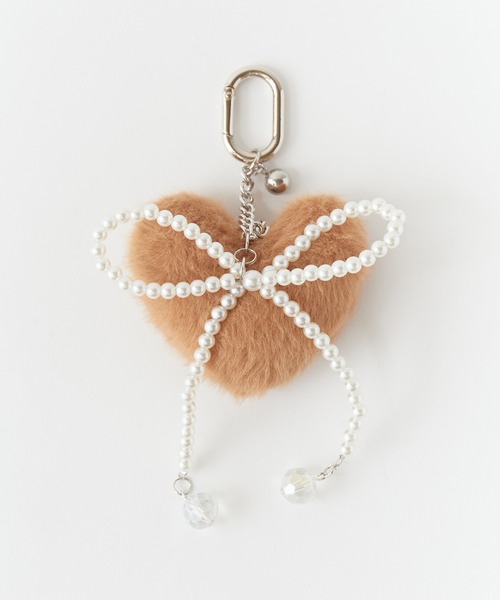 セール】Fluffy heart charm with pearl ribbon/パールリボン付