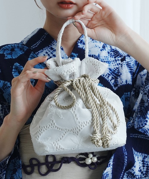 巾着バッグ レース 日本製 ホワイト（和装小物）｜utatane