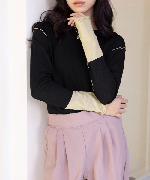 Doux Belle(ドゥーベル)の「バイカラートップス(Tシャツ/カットソー・レディース・ブルー/サーモンピンク/ベージュ・MEDIUM)」の2枚目の写真