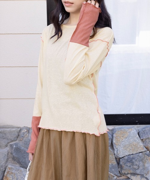Doux Belle(ドゥーベル)の「バイカラートップス(Tシャツ/カットソー・レディース・ブルー/サーモンピンク/ベージュ・MEDIUM)」の3枚目の写真