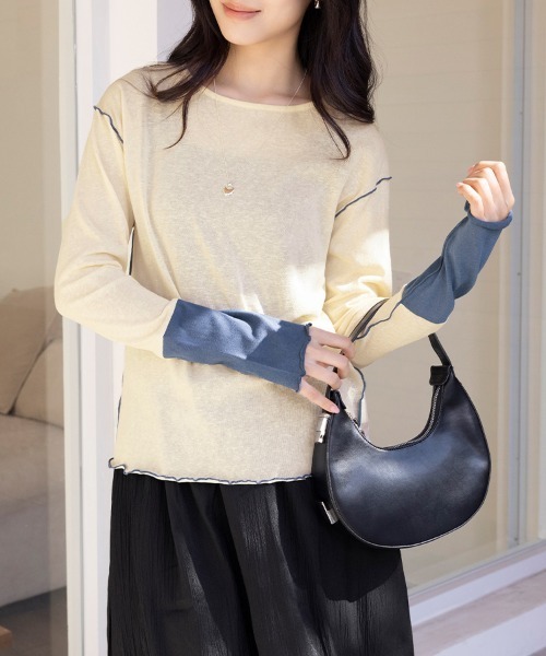 Doux Belle(ドゥーベル)の「バイカラートップス(Tシャツ/カットソー・レディース・ブルー/サーモンピンク/ベージュ・MEDIUM)」の18枚目の写真