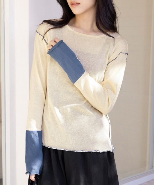Doux Belle(ドゥーベル)の「バイカラートップス(Tシャツ/カットソー・レディース・ブルー/サーモンピンク/ベージュ・MEDIUM)」の19枚目の写真