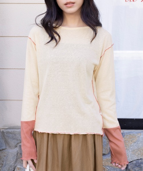 Doux Belle(ドゥーベル)の「バイカラートップス(Tシャツ/カットソー・レディース・ブルー/サーモンピンク/ベージュ・MEDIUM)」の8枚目の写真