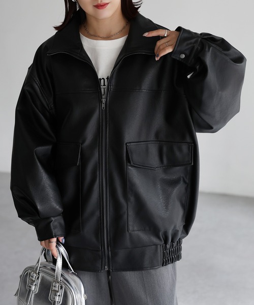 Riberry(リベリー)の「スタンドオーバーサイズ合皮ブルゾン(ブルゾン・レディース・ブラック/ブラウン・MEDIUM)」の7枚目の写真