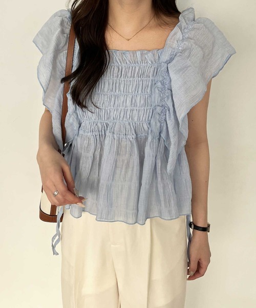 セール】フリルシャーリングシアーブラウス（シャツ/ブラウス