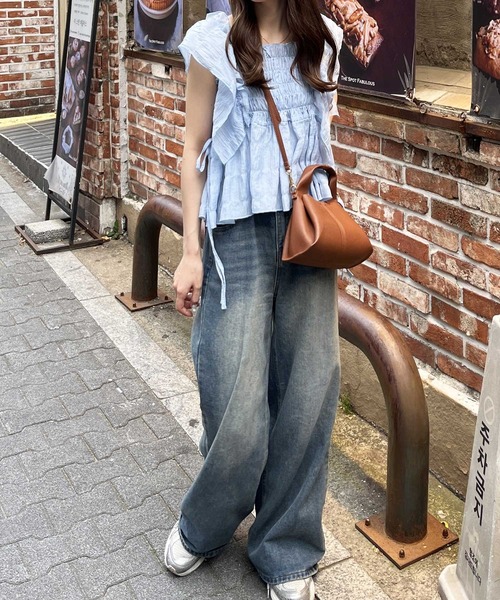 フリル付きネイビ シャーリングブラウス NAVY】ネックフリル シャーリングブラウスの通販 by BEAMS