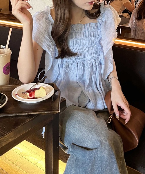 セール】フリルシャーリングシアーブラウス（シャツ/ブラウス