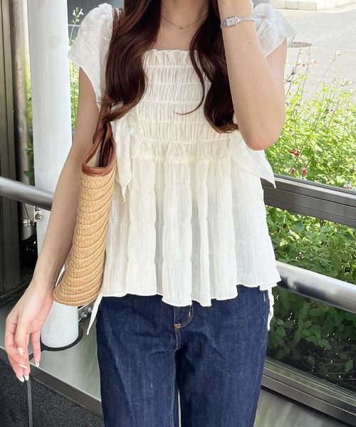 セール】フリルシャーリングシアーブラウス（シャツ/ブラウス