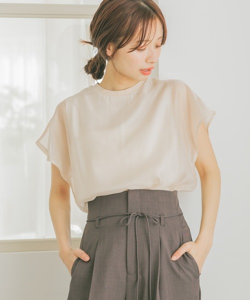 mysty woman(ミスティウーマン)の「シアーカバーフレンチスリーブTシャツ 315365(Tシャツ/カットソー・レディース・オフホワイト/ベージュ/ブラック・FREE)」の2枚目の写真