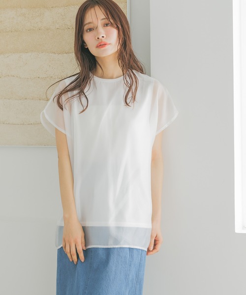 mysty woman(ミスティウーマン)の「シアーカバーフレンチスリーブTシャツ 315365(Tシャツ/カットソー・レディース・オフホワイト/ベージュ/ブラック・FREE)」の3枚目の写真