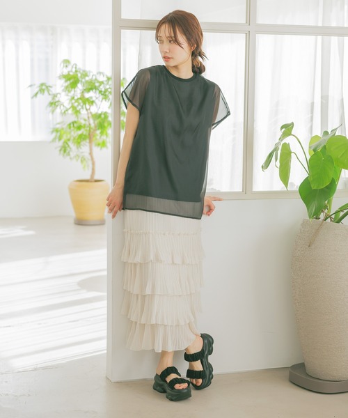 mysty woman(ミスティウーマン)の「シアーカバーフレンチスリーブTシャツ 315365(Tシャツ/カットソー・レディース・オフホワイト/ベージュ/ブラック・FREE)」の4枚目の写真