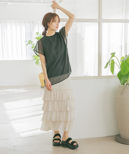 mysty woman(ミスティウーマン)の「シアーカバーフレンチスリーブTシャツ 315365(Tシャツ/カットソー・レディース・オフホワイト/ベージュ/ブラック・FREE)」の5枚目の写真