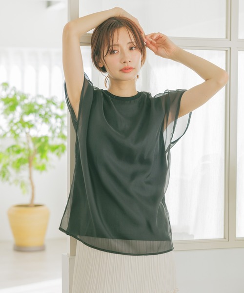 mysty woman(ミスティウーマン)の「シアーカバーフレンチスリーブTシャツ 315365(Tシャツ/カットソー・レディース・オフホワイト/ベージュ/ブラック・FREE)」の6枚目の写真