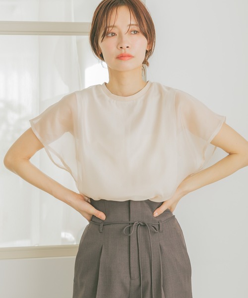 mysty woman(ミスティウーマン)の「シアーカバーフレンチスリーブTシャツ 315365(Tシャツ/カットソー・レディース・オフホワイト/ベージュ/ブラック・FREE)」の9枚目の写真