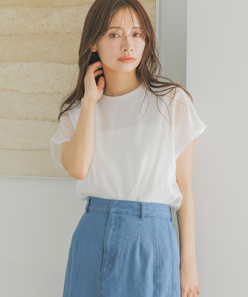 mysty woman(ミスティウーマン)の「シアーカバーフレンチスリーブTシャツ 315365(Tシャツ/カットソー・レディース・オフホワイト/ベージュ/ブラック・FREE)」の11枚目の写真