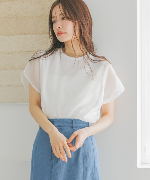 mysty woman(ミスティウーマン)の「シアーカバーフレンチスリーブTシャツ 315365(Tシャツ/カットソー・レディース・オフホワイト/ベージュ/ブラック・FREE)」の12枚目の写真